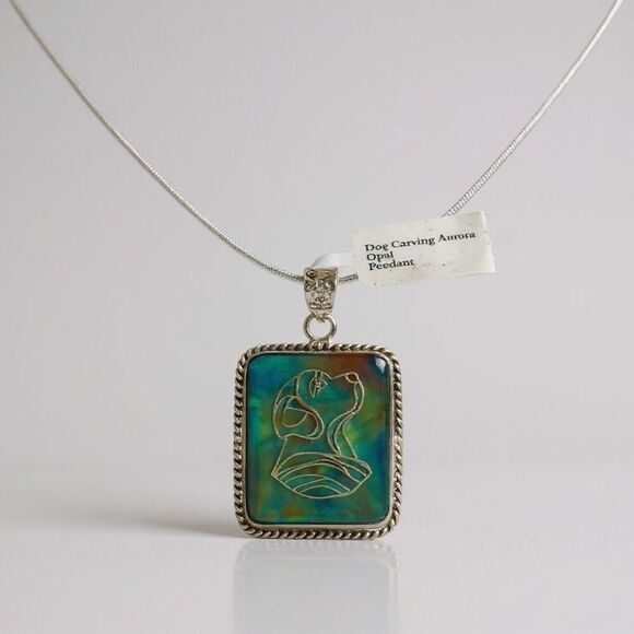 Aurora Opal Dog Carving Pendant Necklace – Sterling Silver Elegance - Picture 3 of 7